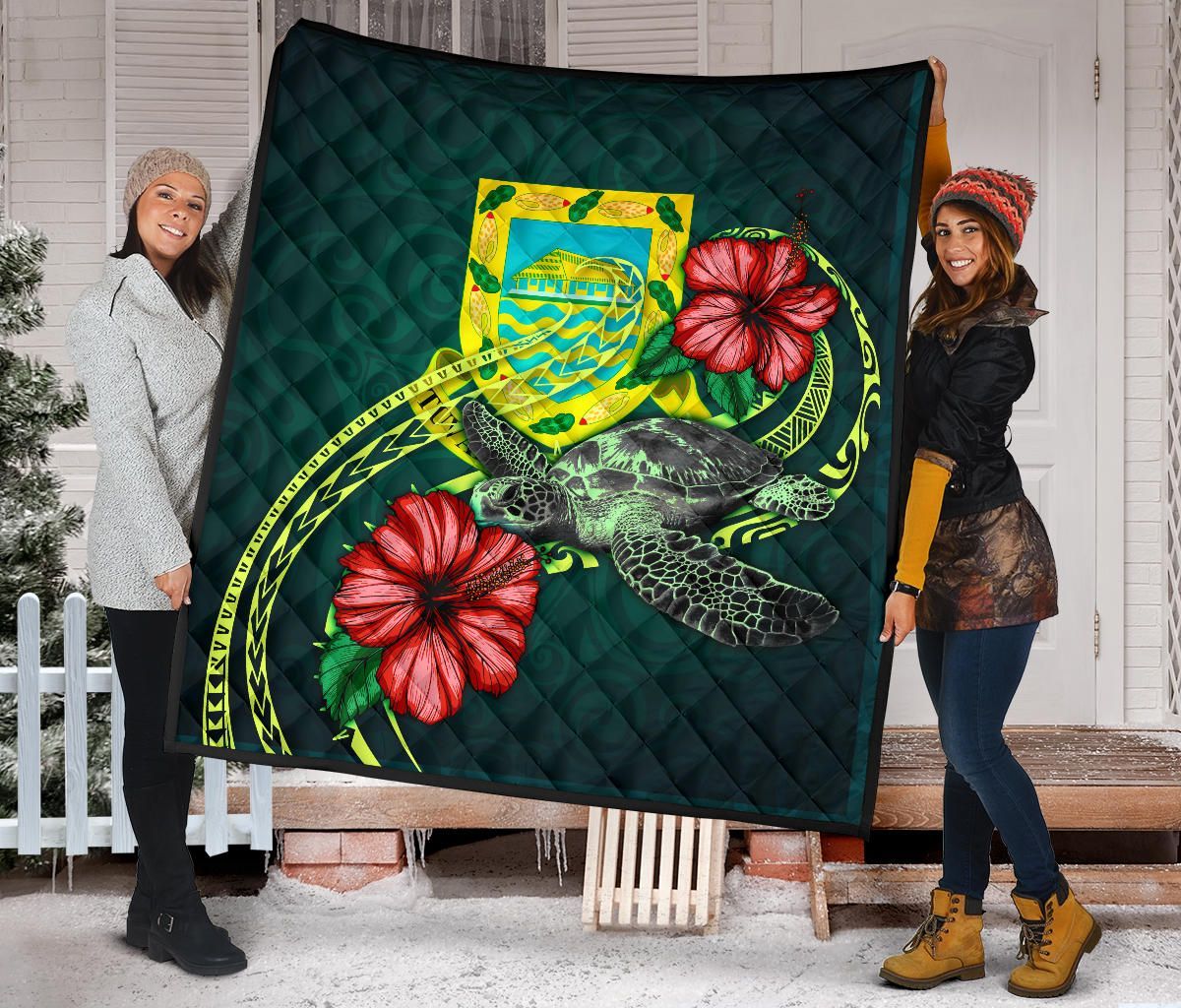 Tuvalu Polynesian Premium Quilt - Green Turtle Hibiscus