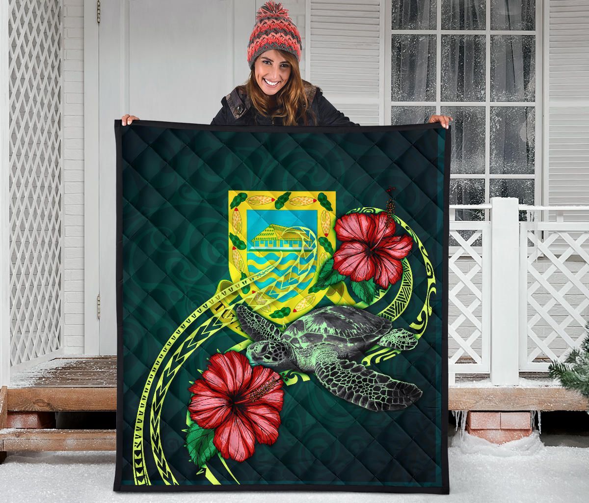 Tuvalu Polynesian Premium Quilt - Green Turtle Hibiscus