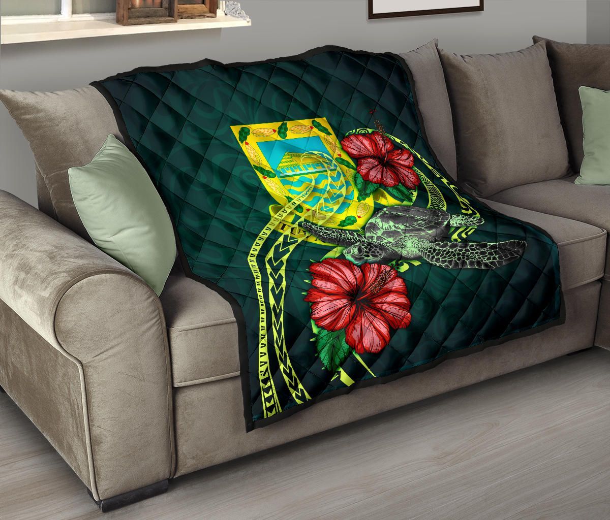 Tuvalu Polynesian Premium Quilt - Green Turtle Hibiscus