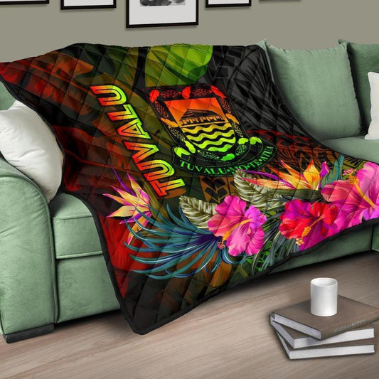 Tuvalu Polynesian Premium Quilt -  Hibiscus and Banana Leaves