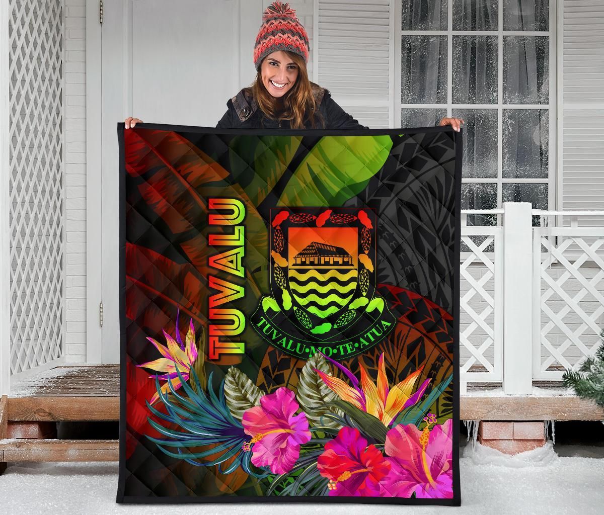 Tuvalu Polynesian Premium Quilt -  Hibiscus and Banana Leaves