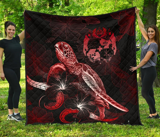 Tuvalu Polynesian Premium Quilt - Turtle With Blooming Hibiscus Red