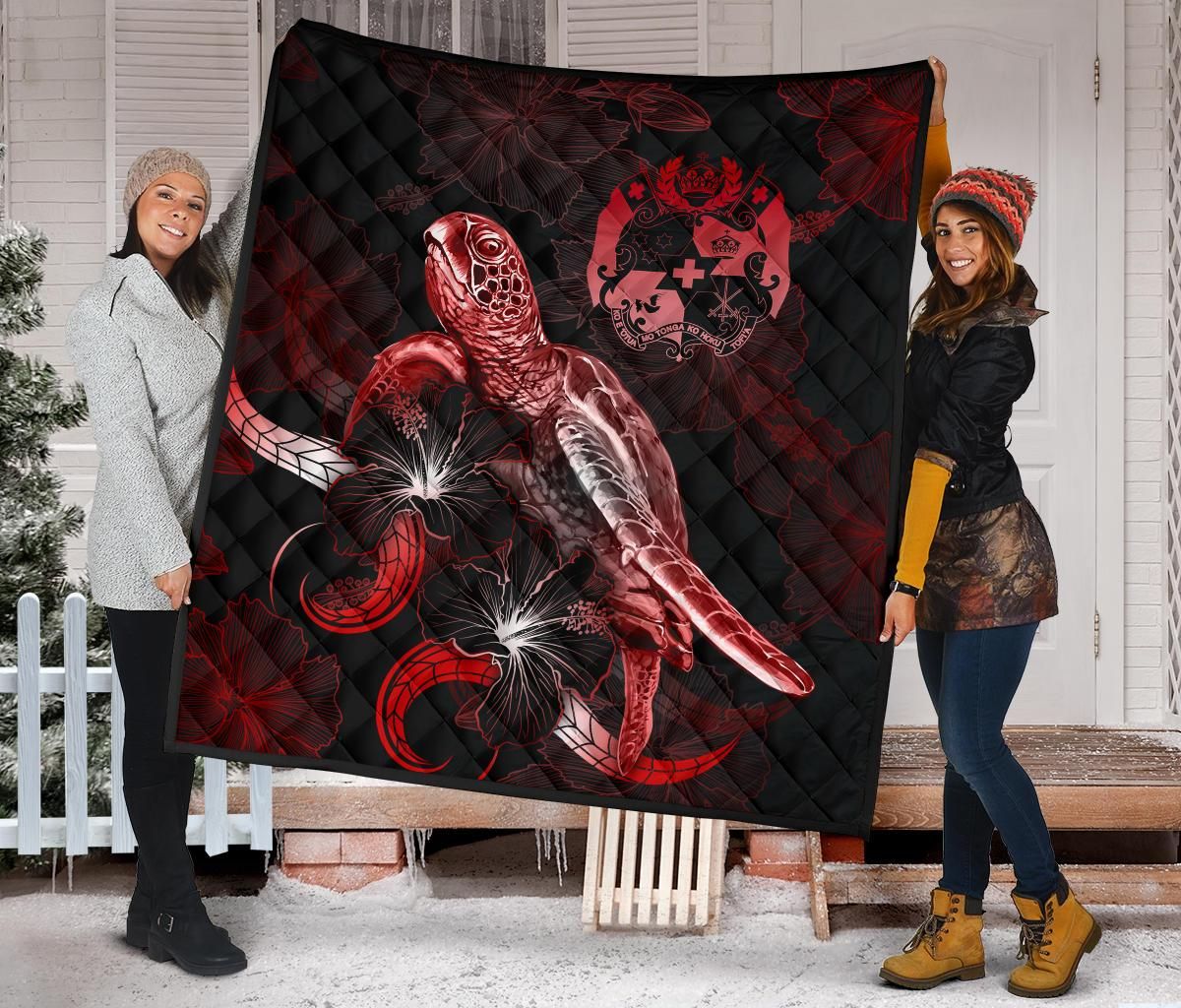 Tuvalu Polynesian Premium Quilt - Turtle With Blooming Hibiscus Red