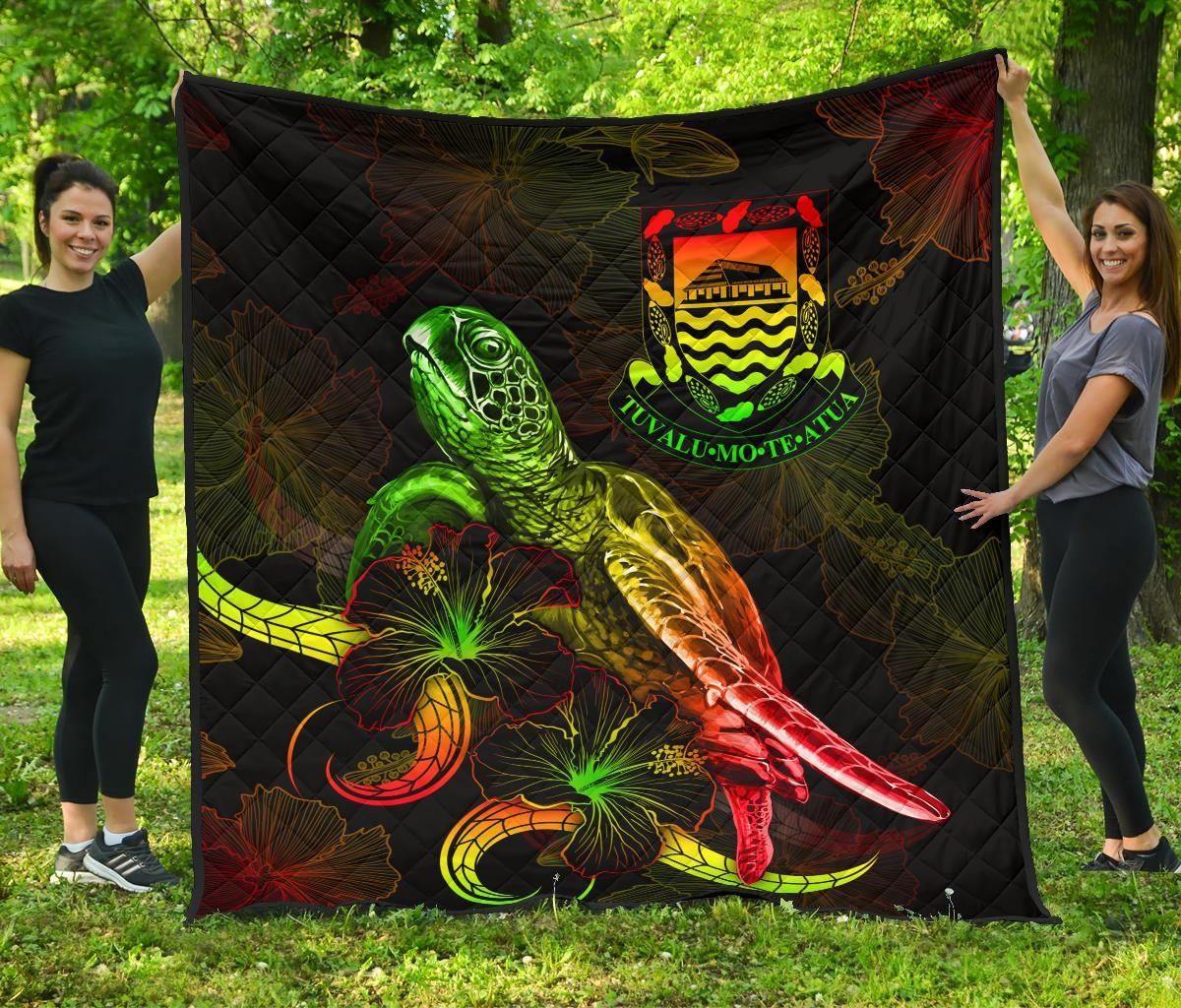 Tuvalu Polynesian Premium Quilt - Turtle With Blooming Hibiscus Reggae