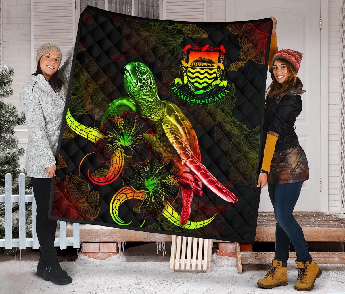 Tuvalu Polynesian Premium Quilt - Turtle With Blooming Hibiscus Reggae