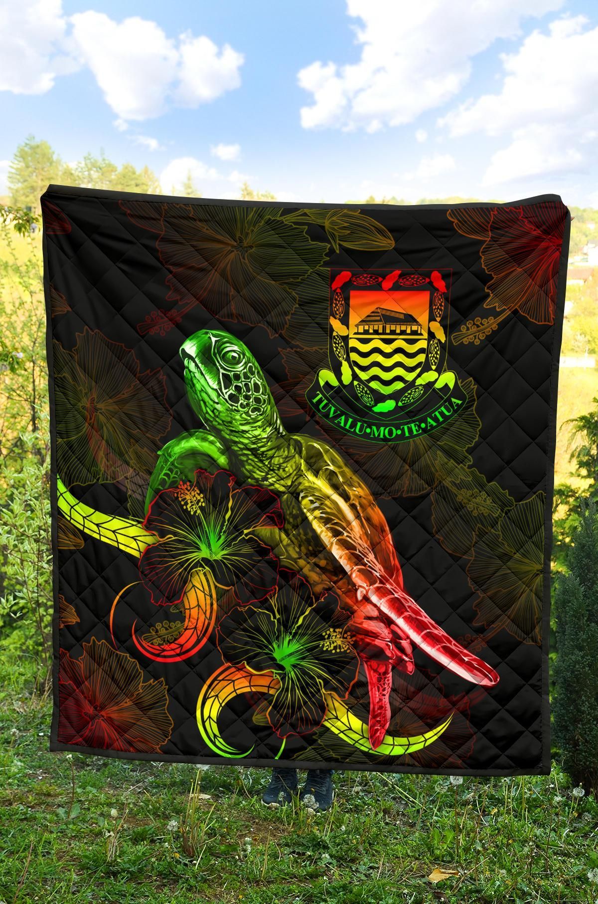 Tuvalu Polynesian Premium Quilt - Turtle With Blooming Hibiscus Reggae