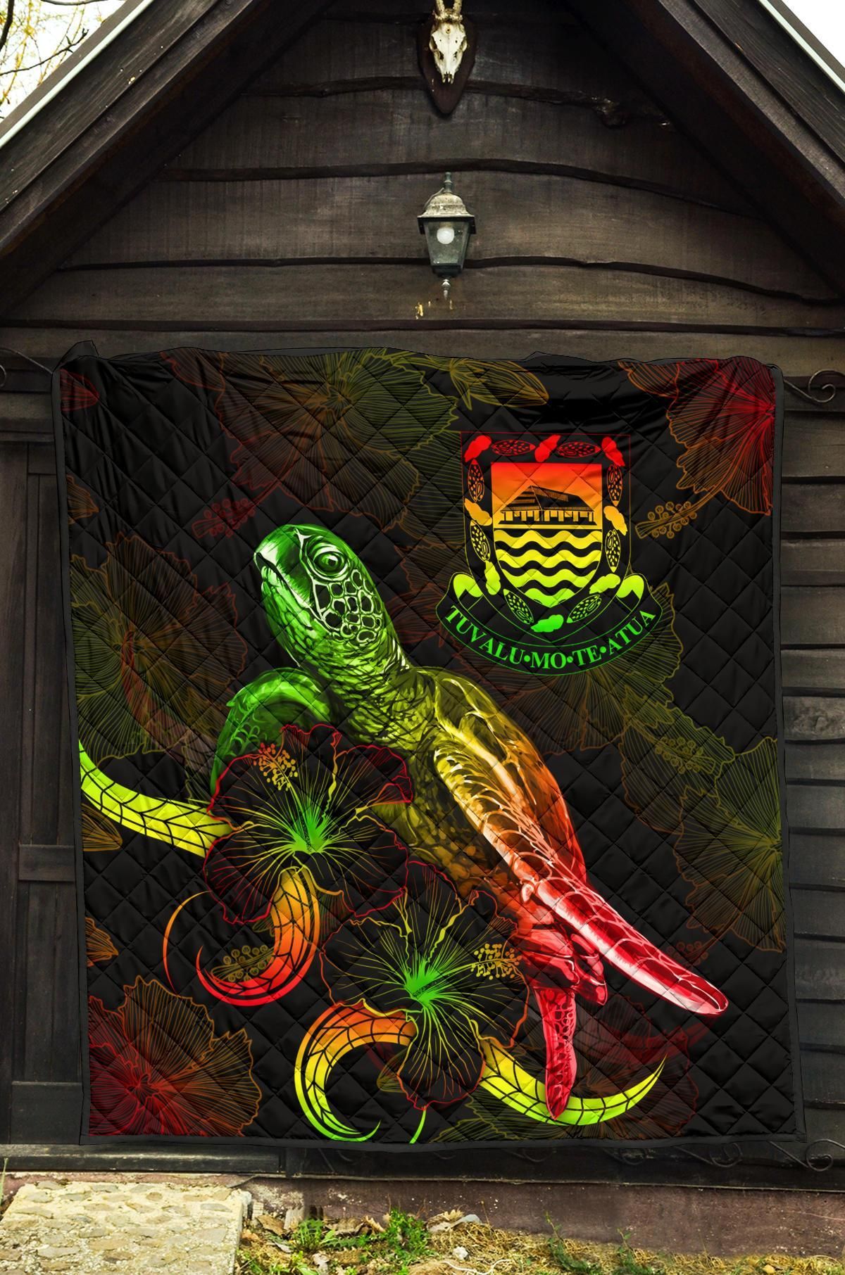 Tuvalu Polynesian Premium Quilt - Turtle With Blooming Hibiscus Reggae