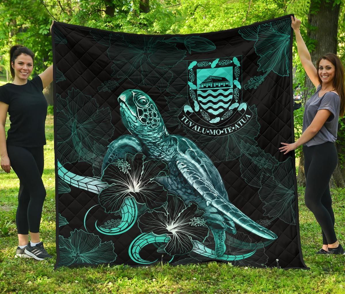 Tuvalu Polynesian Premium Quilt - Turtle With Blooming Hibiscus Turquoise