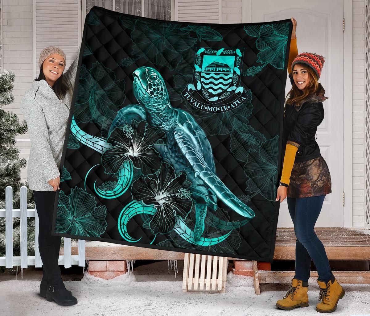 Tuvalu Polynesian Premium Quilt - Turtle With Blooming Hibiscus Turquoise