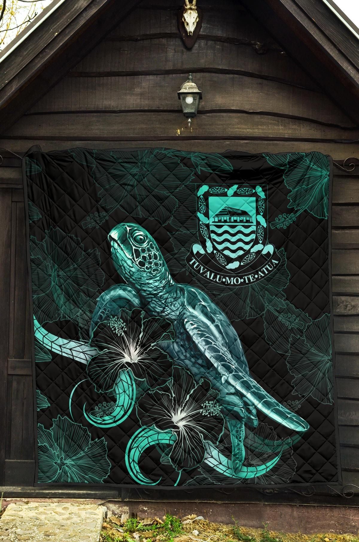 Tuvalu Polynesian Premium Quilt - Turtle With Blooming Hibiscus Turquoise