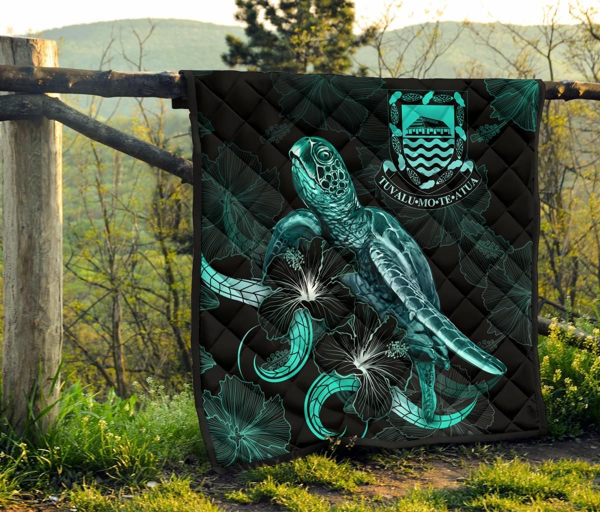 Tuvalu Polynesian Premium Quilt - Turtle With Blooming Hibiscus Turquoise