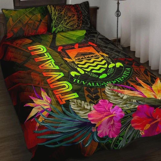 Tuvalu Polynesian Quilt Bed Set - Hibiscus and Banana Leaves