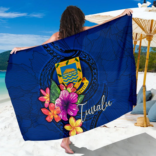 Tuvalu Polynesian Sarong - Floral With Seal Blue