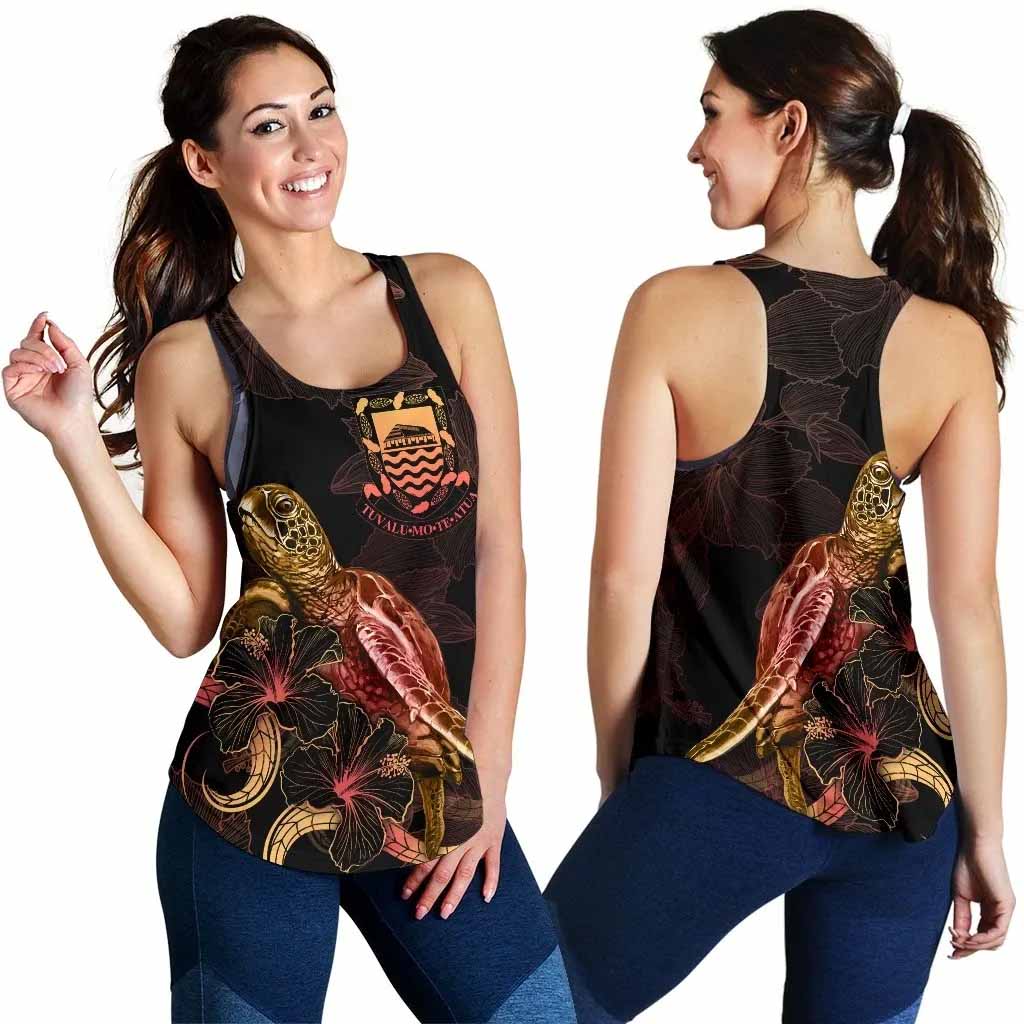 Tuvalu Polynesian Women Tank Top - Turtle With Blooming Hibiscus Gold