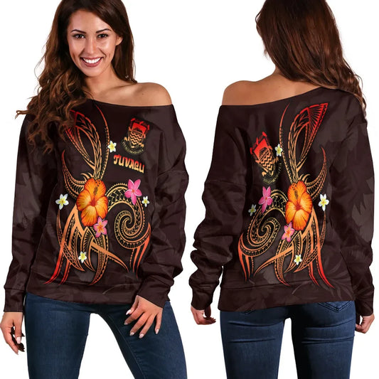 Tuvalu Polynesian Women Off Shoulder Sweater - Legend of Tuvalu (Red)