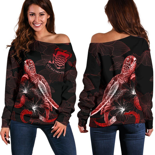 Tuvalu Polynesian Women Off Shoulder Sweater - Turtle With Blooming Hibiscus Red
