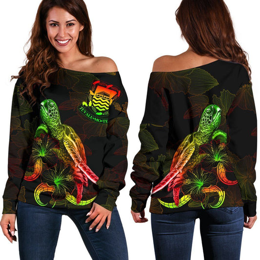 Tuvalu Polynesian Women Off Shoulder Sweater - Turtle With Blooming Hibiscus Reggae
