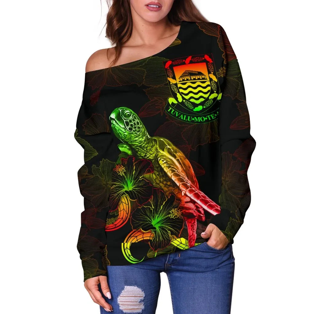Tuvalu Polynesian Women Off Shoulder Sweater - Turtle With Blooming Hibiscus Reggae