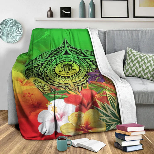 Tuvalu Premium Blanket - Manta Ray Tropical Flowers (Green)