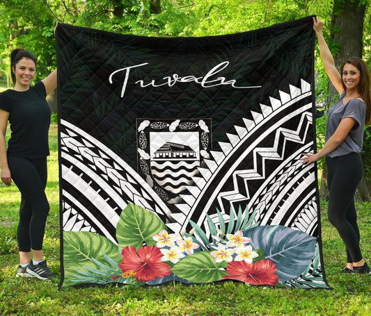 Tuvalu Premium Quilt - Tuvalu Coat of Arms & Polynesian Tropical Flowers White