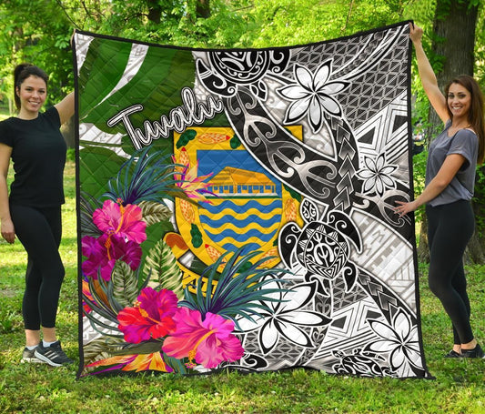 Tuvalu Premium Quilt White - Turtle Plumeria Banana Leaf