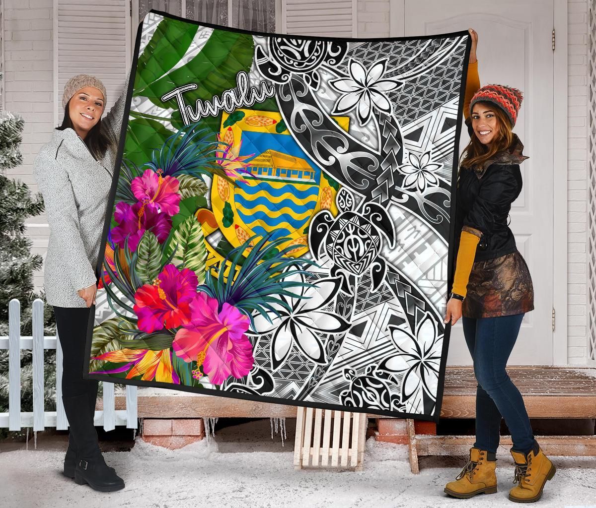 Tuvalu Premium Quilt White - Turtle Plumeria Banana Leaf