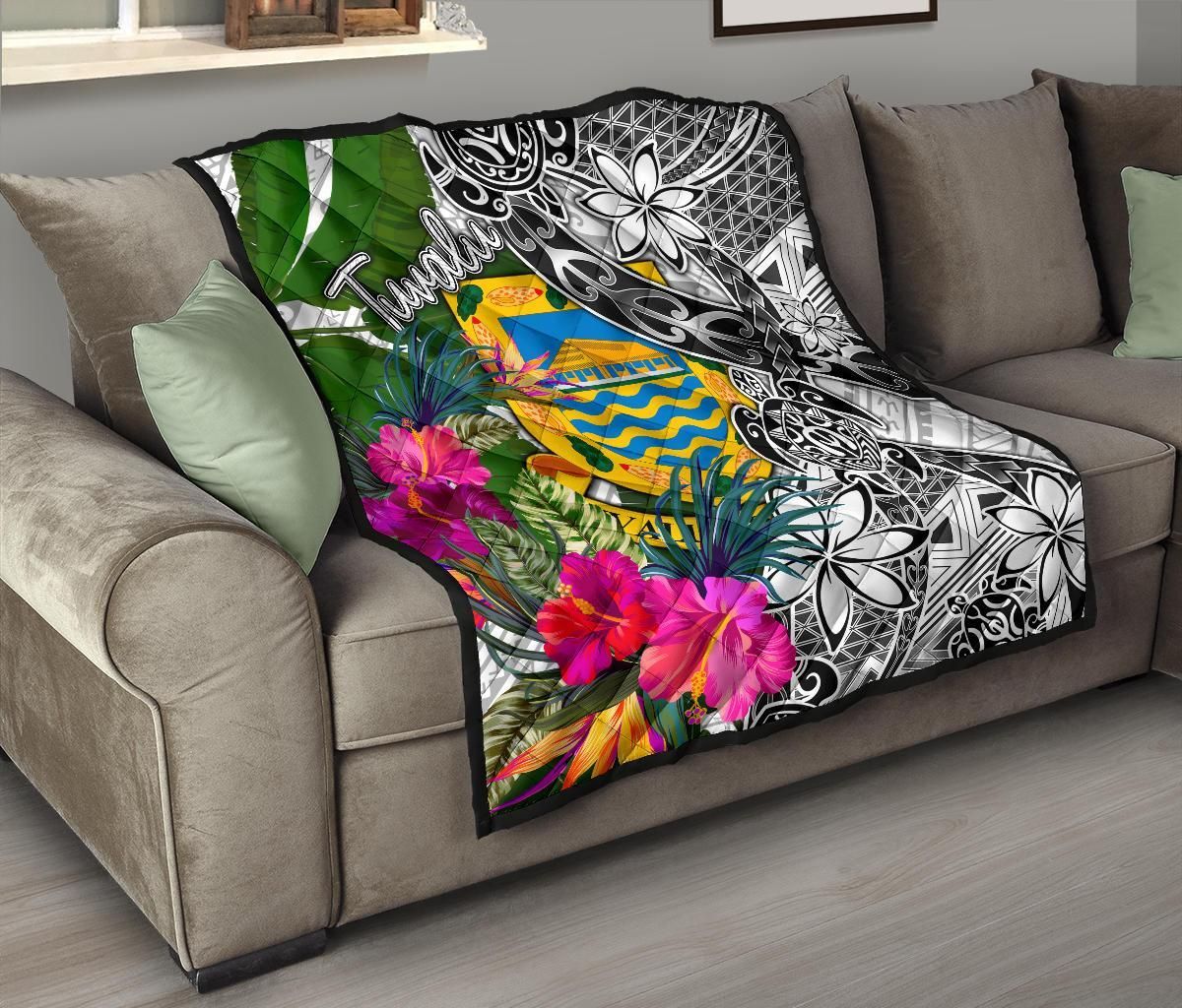 Tuvalu Premium Quilt White - Turtle Plumeria Banana Leaf