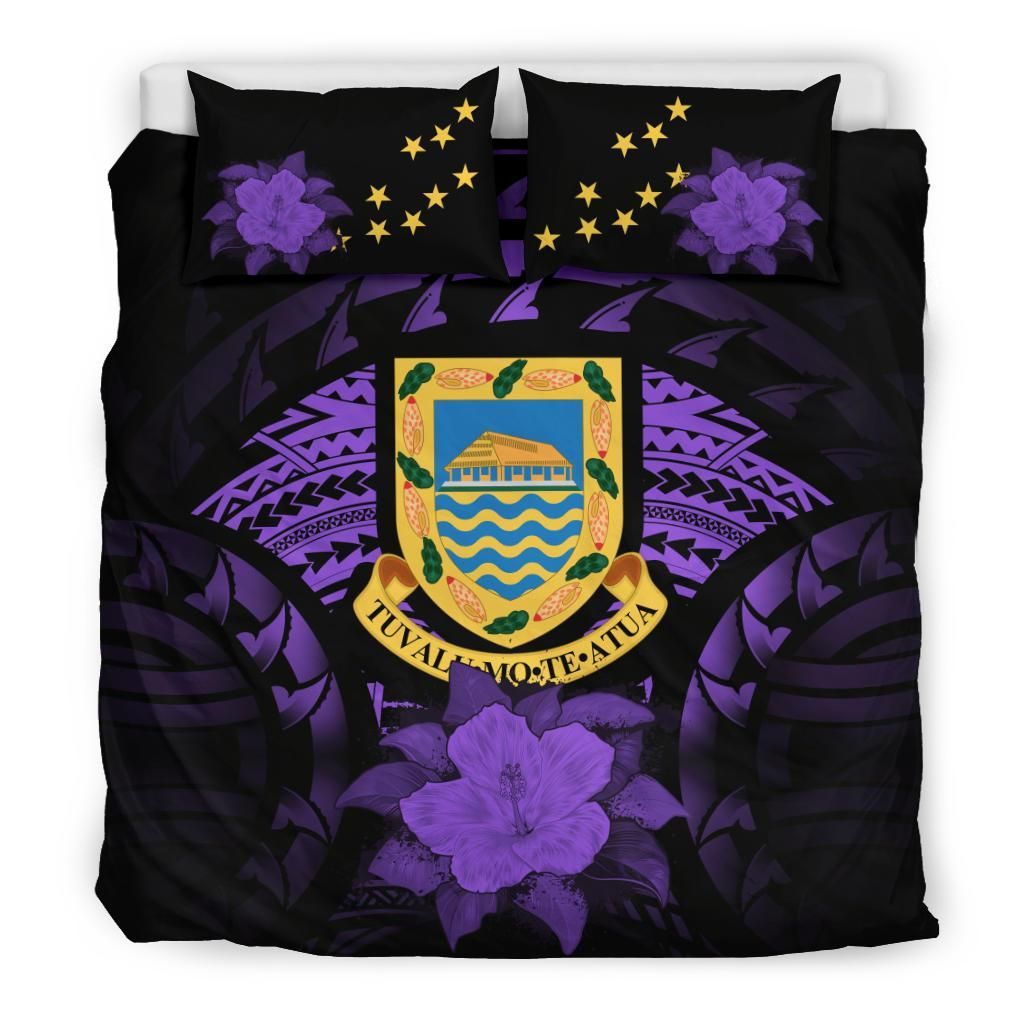 Tuvalu Duvet Cover Set - Tuvalu Coat Of Arms & Purple Hibiscus