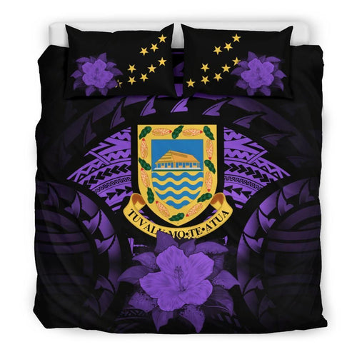 Tuvalu Duvet Cover Set - Tuvalu Coat Of Arms & Purple Hibiscus
