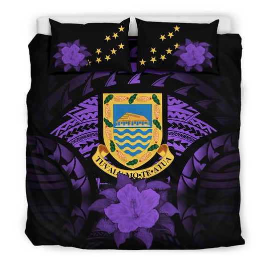 Tuvalu Duvet Cover Set - Tuvalu Coat Of Arms & Purple Hibiscus