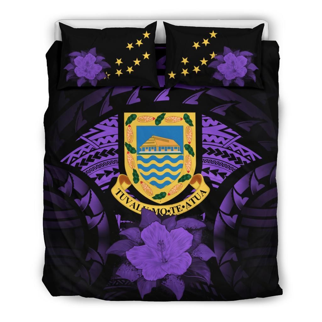Tuvalu Duvet Cover Set - Tuvalu Coat Of Arms & Purple Hibiscus
