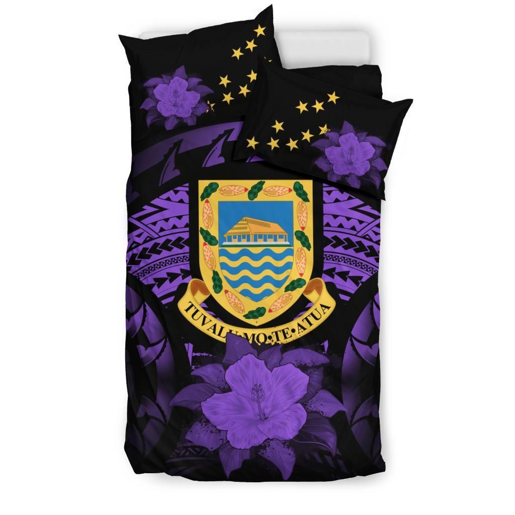 Tuvalu Duvet Cover Set - Tuvalu Coat Of Arms & Purple Hibiscus