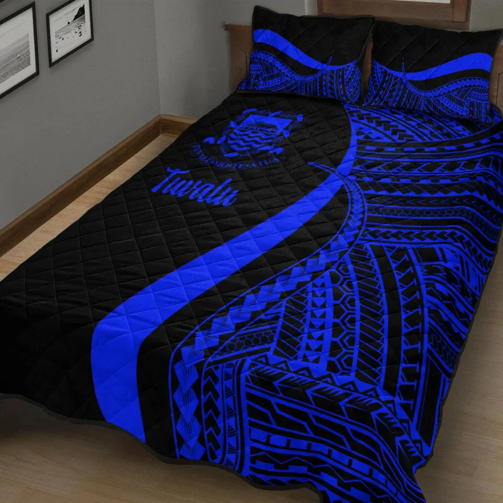 Tuvalu Quilt Bed Set - Blue Polynesian Tentacle Tribal Pattern