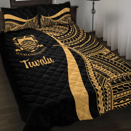 Tuvalu Quilt Bed Set - Gold Polynesian Tentacle Tribal Pattern