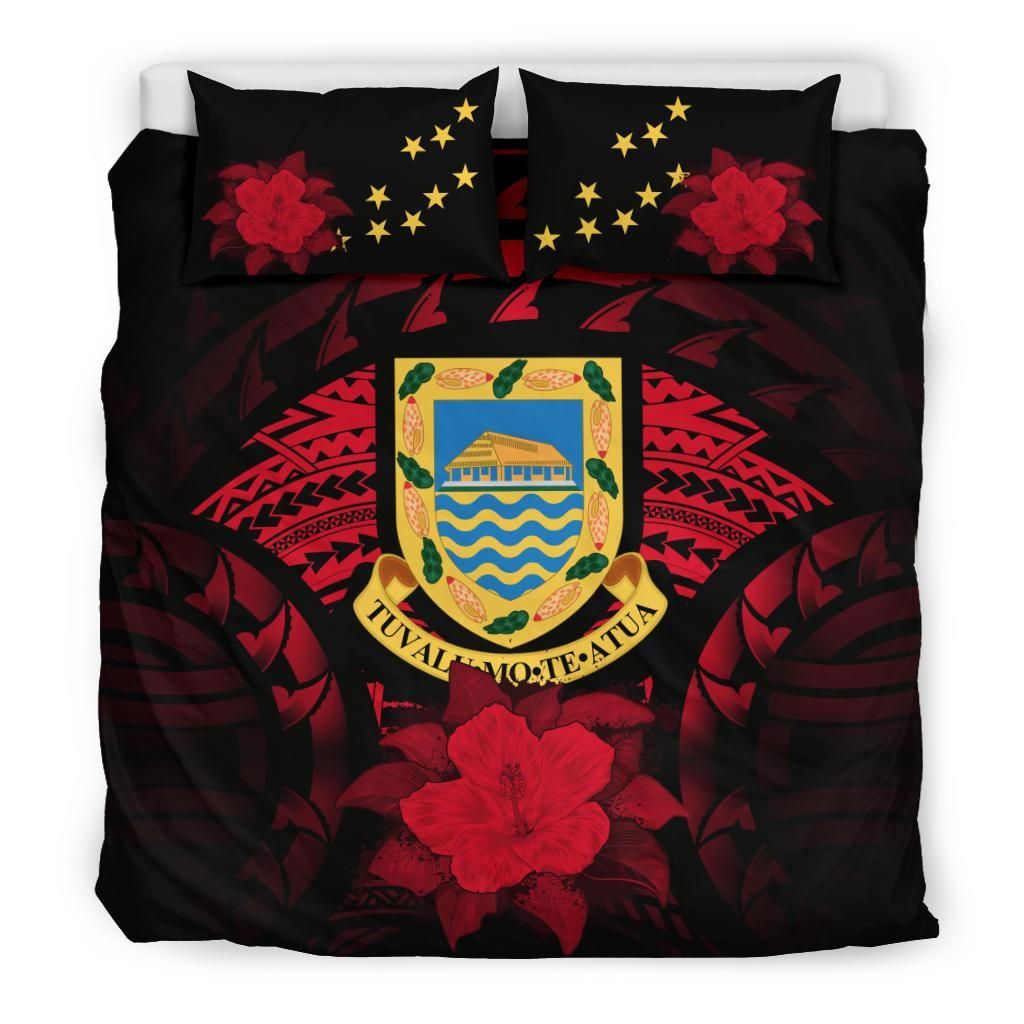 Tuvalu Duvet Cover Set - Tuvalu Coat Of Arms & Red Hibiscus