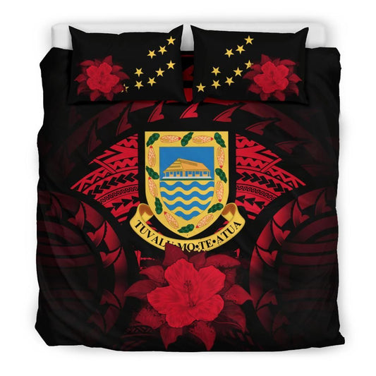 Tuvalu Duvet Cover Set - Tuvalu Coat Of Arms & Red Hibiscus