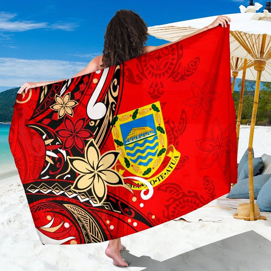 Tuvalu Sarong - Tribal Flower With Special Turtles Red Color