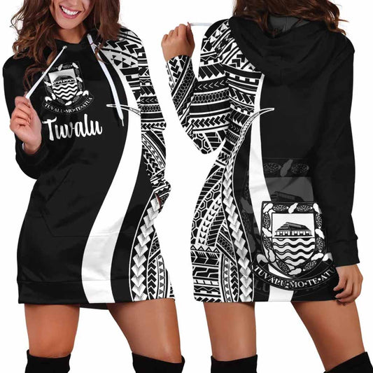 Tuvalu Female Hoodie Dress - White Polynesian Tentacle Tribal Pattern
