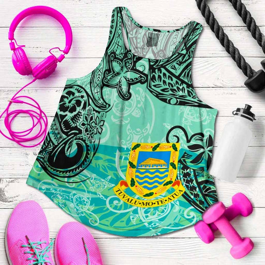 Tuvalu Women Racerback Tank - Vintage Floral Pattern Green Color