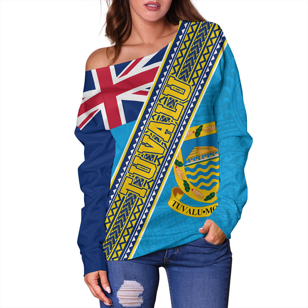 Tuvalu Off Shoulder Sweatshirt Flag And Coat Of Arms