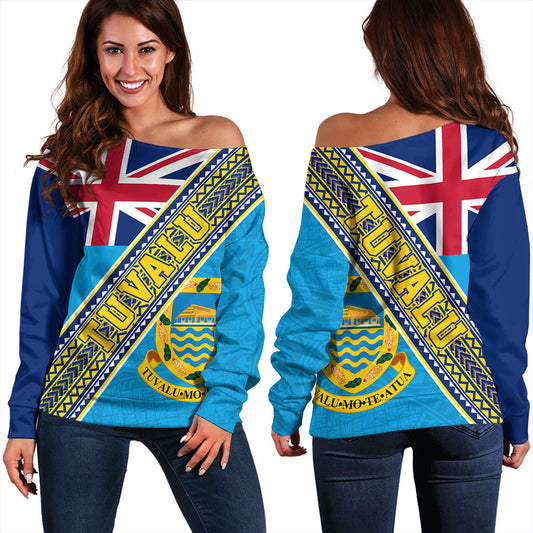 Tuvalu Off Shoulder Sweatshirt Flag And Coat Of Arms
