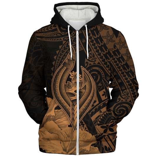 Guam Sherpa Hoodie Tribal Seal Hook Hibiscus Style