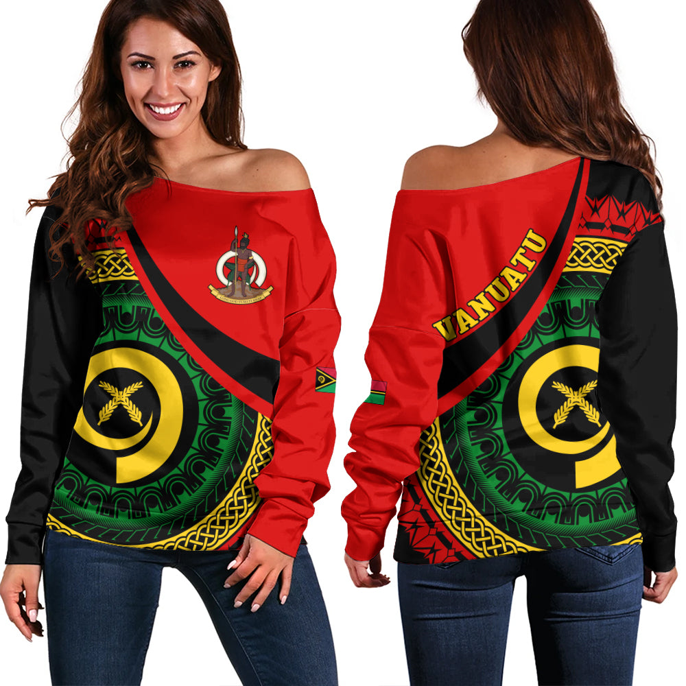 Vanuatu Off Shoulder Sweatshirt Custom Melanesian Tribal Circle Tattoo Style