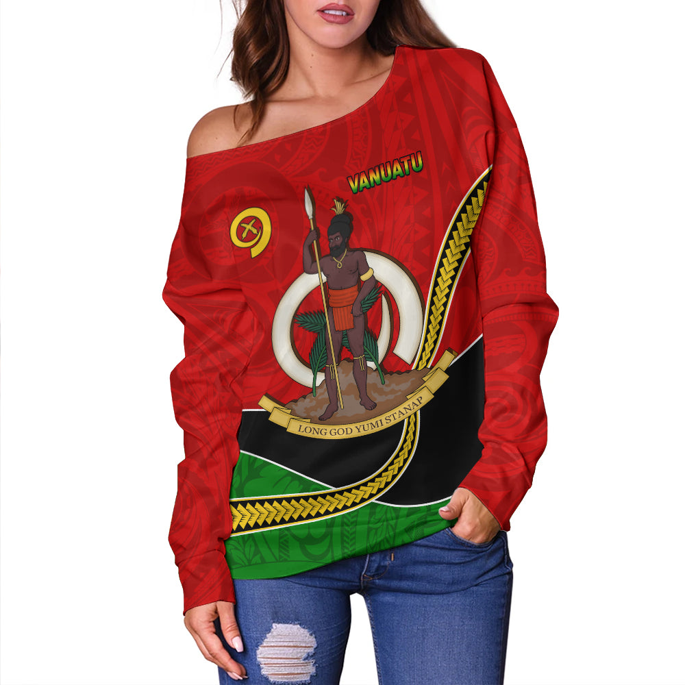 Vanuatu Off Shoulder Sweatshirt Melanesian Spirit Totem Art