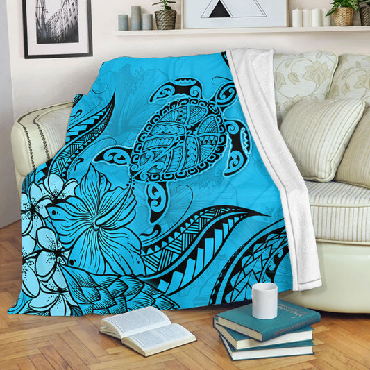 Hawaii Premium Blanket Tribal Turtle And Flowers Island Life