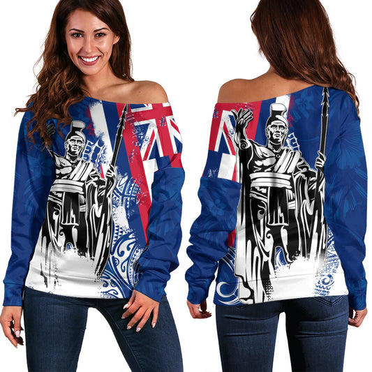 Hawaii Off Shoulder Sweatshirt King Kamehameha I Flag Tropical