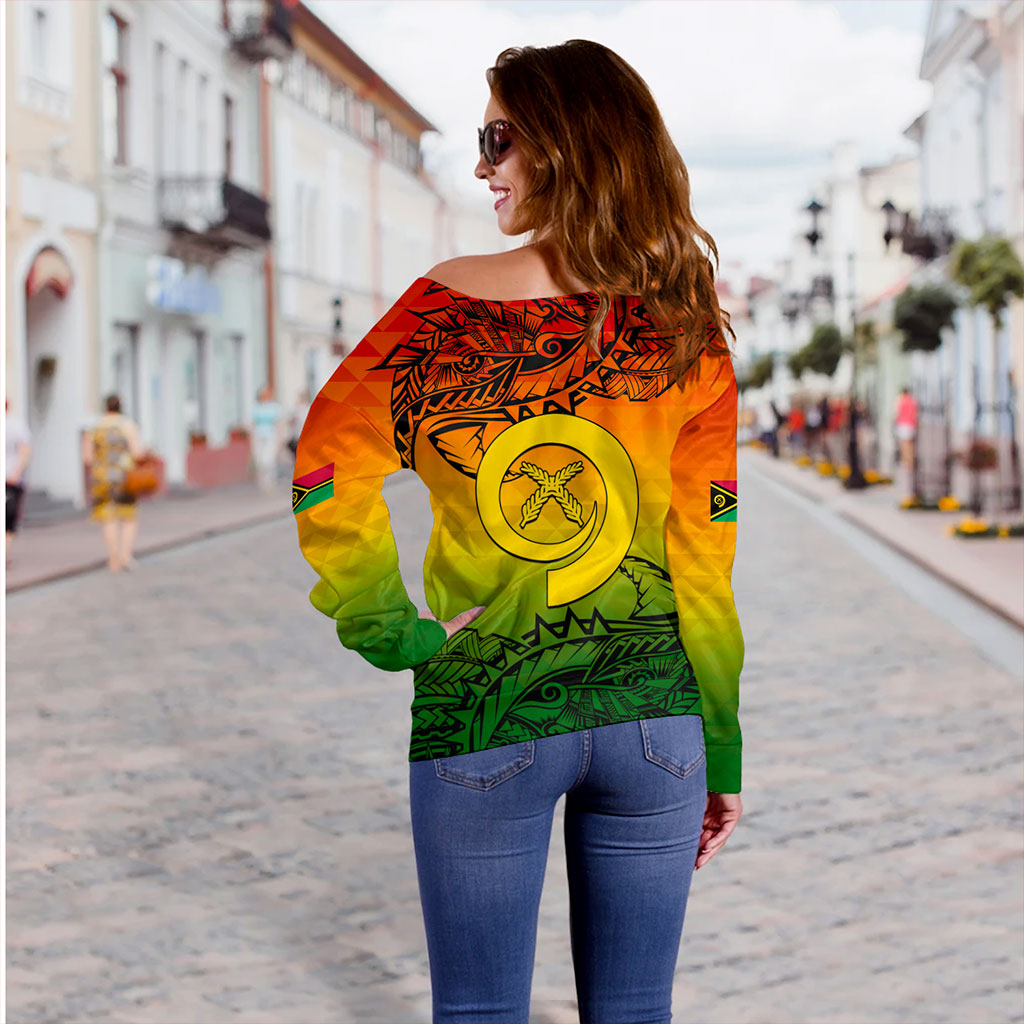 Vanuatu Off Shoulder Sweatshirt Polynesia Tribal Pattern With Map