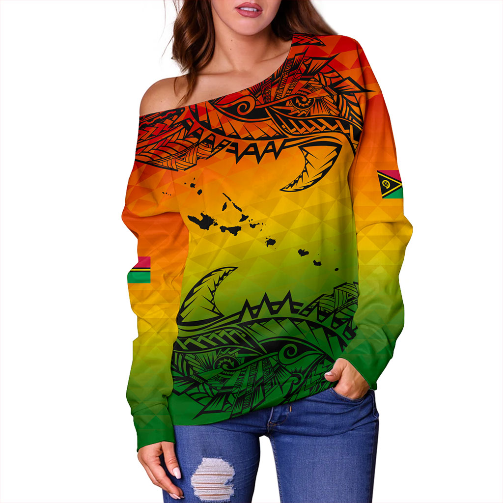 Vanuatu Off Shoulder Sweatshirt Polynesia Tribal Pattern With Map
