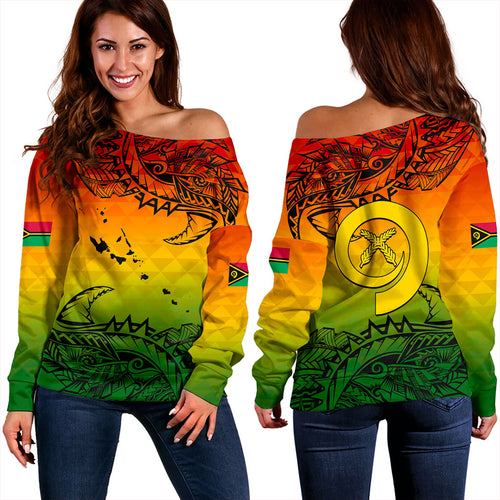 Vanuatu Off Shoulder Sweatshirt Polynesia Tribal Pattern With Map
