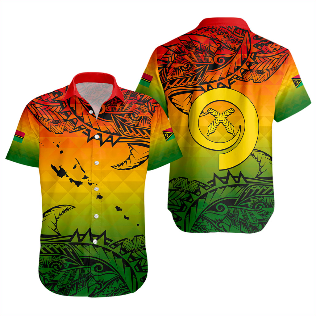 Vanuatu Short Sleeve Shirt Polynesia Tribal Pattern With Map